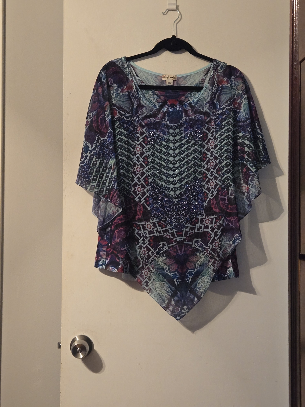 Boho Flutter-Sleeve Tunic in Teal & Purple
